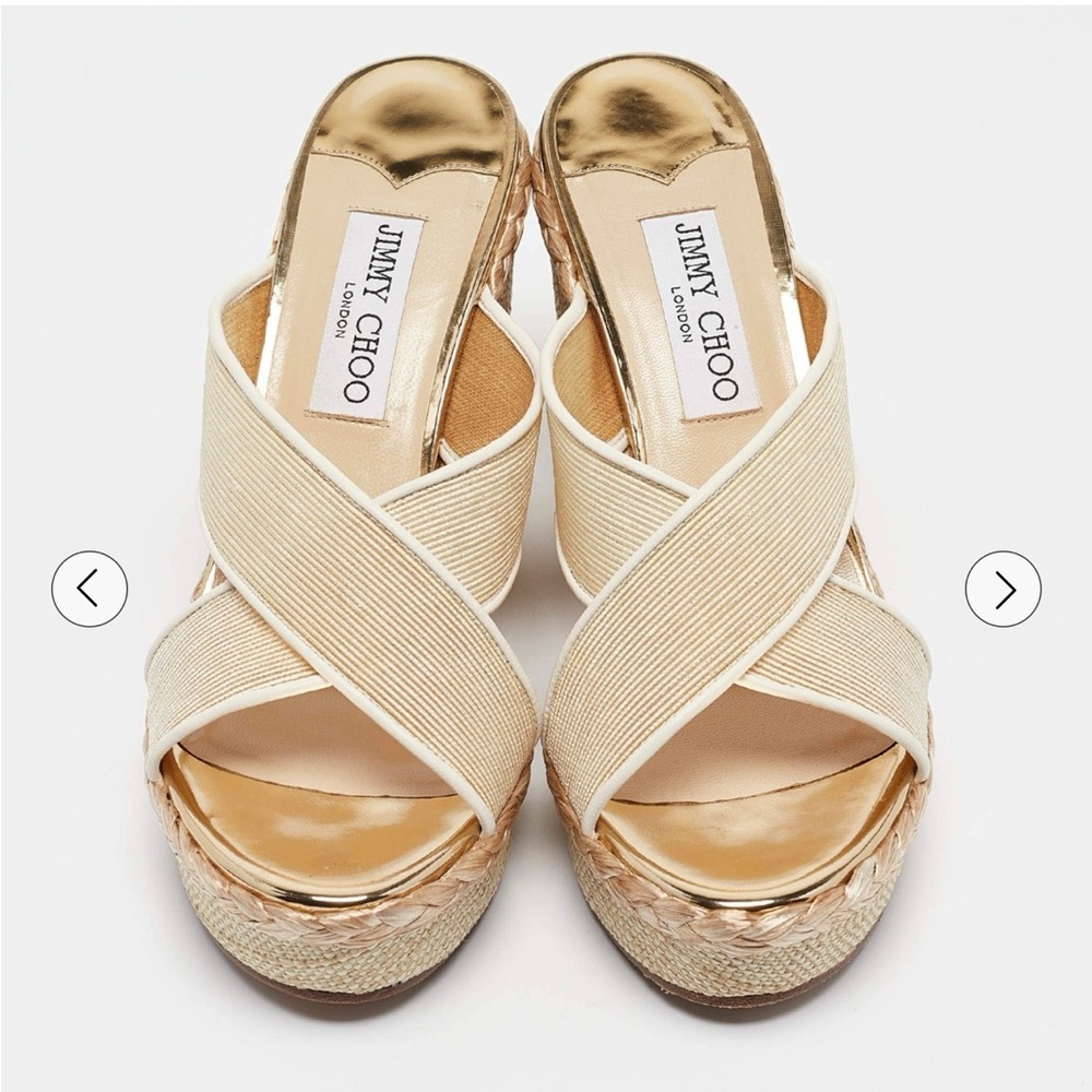 Jimmy Choo Gold and Cream Espadrille Wedges with box and dust bag